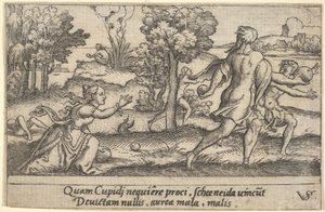 Atalanta i Hippomenes, na pierwszym planie Atalanta klęcząca, by podnieść jabłko i..., ok. godz. 1535-62.