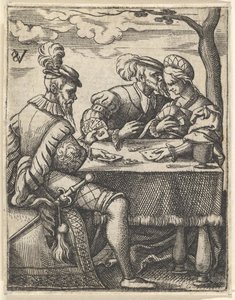 Dwóch mężczyzn i kobieta grają w karty przy stole, jeden mężczyzna przyciska nos do ..., ok. godz. 1535-62.