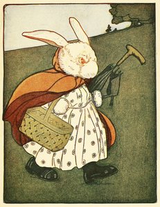 Potem stara Pani Królik .poszła przez las do piekarni, z Opowieść o Piotrusiu Króliku, pub. 1916 (kolor lito) autorstwa Virginia Albert