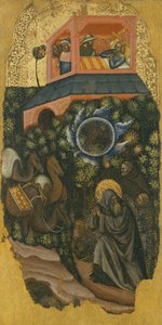 Historia św. Antoniego Wielkiego. Żebrak namawia chorego króla Palestyny, aby wysłał żywność św. Antoniemu (u góry); przybycie wielbłądów z jedzeniem (na dole)