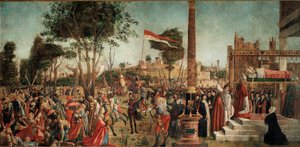 Cykl życia św. Urszuli: męczeństwo pielgrzymów i pogrzeb św. Urszuli autorstwa Vittore Carpaccio