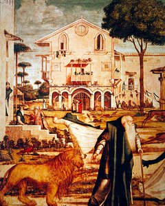 Fragment św. Hieronima poskromionego lwa, ok. 1501-09 (szczegóły z 60932) autorstwa Vittore Carpaccio