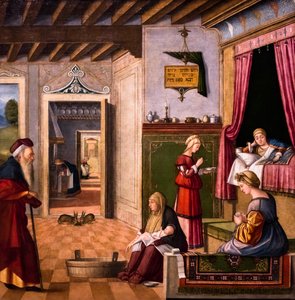 Narodziny Dziewicy, cykl Scuola degli Albanesi, ok. 1502/03 (olej na drewnie) autorstwa Vittore Carpaccio