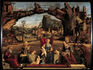 Obraz Świętej Rozmowy autorstwa Vittore Carpaccio (1450-1526) XVI w. Nd. 0,98x1,27 m Awinion, Muzeum Małego Pałacu autorstwa Vittore Carpaccio