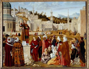 Przepowiednia św. Obraz Vittore Carpaccio (1450/54-1525/26) Nd. 1,4x1,9 m - Kazanie św. Szczepana (St. Etienne) w Jerozolimie. To autorstwa Vittore Carpaccio