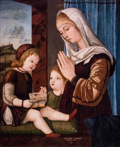 Dziewica z Dzieciątkiem i św. Janem Chrzcicielem jako dzieckiem, ok. 1494/97 (technika mieszana na drewnie przeniesiona na jedwab) autorstwa Vittore Carpaccio