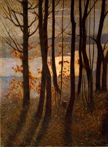 Poranek lub „Poemat panteistyczny”” Krajobraz zarośli w pobliżu zbiornika wodnego o świcie. Obraz Vittore Grubicy of Dragon (1851-1920) Mediolan, Galleria d