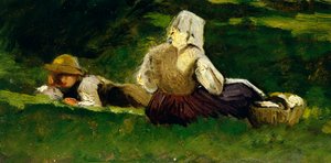 Siedząca kobieta i chłopiec leżący na trawie, autorstwa Vittorio Avondo (1836-1910).