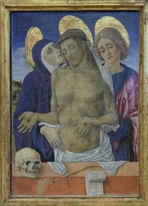 Chrystus użalający się nad sobą z Dziewicą i św. Janem Ewangelistą, ok. 1490-1500 (olej na płycie) autorstwa Vittorio Crivelli