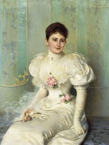Portret damy siedzącej długości 3/4, ubranej w białą sukienkę