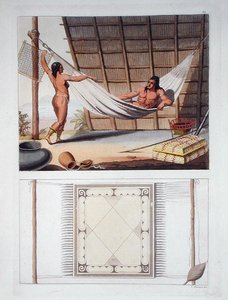 Wnętrze domu, plemię Carib, Antyle Holenderskie, tablica 67 z "Le Costume Ancien et Moderne" Jules Ferrario, opublikowana ok. lat 20-30 XIX w. (litografia kolorowa) autorstwa Vittorio Raineri
