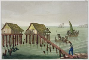 Siedliska plemienia Papu, Rawak, płyta 22 z „Le Costume Ancien et Moderne” Julesa Ferrario, wydana ok. 1820-30