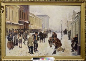 Nocny Azyl (Dosshouse). Scena uliczna, przed budynkiem recepcyjnym gromadzi się tłum potrzebujących, bezdomnych, cierpiących z zimna i biedy. Obraz Władimira Jegorowicza Makowskiego (Makovsky, Makovskij) (1846-1920), olej na płótnie autorstwa Vladimir Egorovic Makovsky