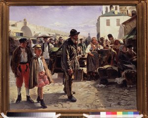 Organy baryłkowe (The Organ Grinder). Podróżujący muzyk trzyma instrument na plecach, towarzyszy mu dwójka bardzo eleganckich dzieci, przybywają na rynek miasta, gdzie patrzą na nich kupcy. Obraz Władimira Jegorowicza autorstwa Vladimir Egorovic Makovsky