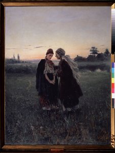 Matka i córka (matka i córka). Dialog i międzypokoleniowa pewność siebie o zmroku, młoda dziewczyna wygląda na nieskończenie smutną. W tle mała wiejska wioska, w której obie kobiety mają na sobie tradycyjne stroje. Malowanie autorstwa Vladimir Egorovic Makovsky
