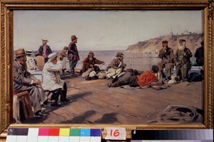 Na pokładzie (Na pokładzie). Podróżni wszystkich klas na łodzi płynącej wzdłuż wybrzeża. Obraz Władimira Jegorowicza Makowskiego (Makovsky, Makovskij) (1846-1920), olej na płótnie autorstwa Vladimir Egorovic Makovsky