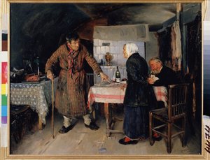 Kłótnia w grze w karty. Wokół stołu w skromnej kuchni starsi ludzie grają w karty, jeden z nich niezadowolony wstaje i piętnuje grę, rzucając karty na podłogę. Naprzeciwko, stary s autorstwa Vladimir Egorovic Makovsky