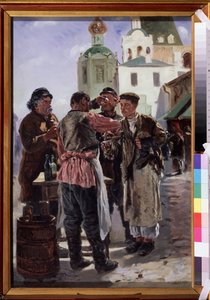 Sprzedawca Kwasu (Kwass) (Sprzedawca Kwasu). Napój fermentowany i gazowany, lekko alkoholowy i popularny, nazywany chlebowym piwem, rosyjski napój narodowy. Obraz Władimira Jegorowicza Makowskiego (Makovsky, Makovskij) (1846-1920), olej na płótnie
