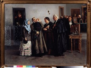 Werdykt: niewinny (wyrok uniewinniający). Pod koniec rozprawy radość matki, która czule bierze dziecko w ramiona, otoczona przez własną matkę, siostrę i adwokata. W tle wychodzą członkowie sądu i sędzia autorstwa Vladimir Egorovic Makovsky
