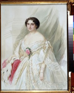 ""Portret damy w futrzanej pelerynie"" Ubrana jest w białą sukienkę ze wstążkami, kolczykami i bransoletkami. Akwarela Władimira Hau (Gau) (1816-1895) 1860 Ze zbiorów prywatnych