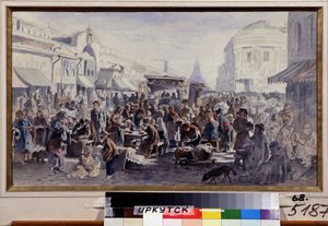 Pchli targ w Moskwie (Rosja) (rynek z drugiej ręki w Moskwie). Scena uliczna, z postaciami w poplamionych i połatanych ubraniach, jedni jedzą przy stołach przed barakiem, inni patrzą na oferowane towary, jeszcze inni się chowają autorstwa Vladimir Yegorovich Makovski