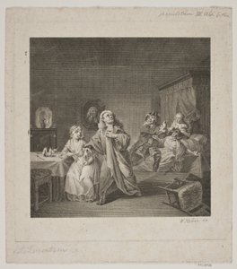 Oddział położniczy III. Akt 6 scena. Grawerowanie według Holberg Gallery Lorenzena. autorstwa WIlhelm Heuer