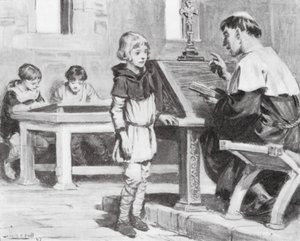 Młody Cuthbert w szkole (litografia)