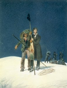 Charles Fellows with William Hawes, Plants a Baton on the Summit, włączony jako wkładka do książki Charles Fellows (1799-1860), A Narrative of an Ascent to the Summit of Mont Blanc (1799-1860), opublikowanej w 1827 r. (wc na pa autorstwa W.S. Hastings