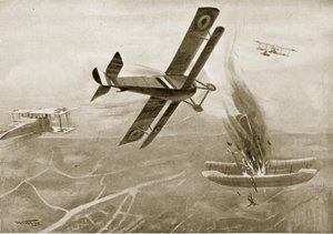 Bitwa powietrzna kapitana Hawkera z trzema niemieckimi samolotami, 25 lipca 1915, ilustracja z „Historii narodu”