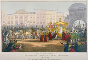 Widok na Temple Bar podczas wizyty królowej Wiktorii w londyńskim City w 1837 r. autorstwa W Clerk