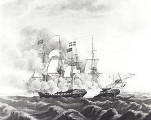 USS Constitution i HMS Guerriere (lito) autorstwa John Ward Dunsmore