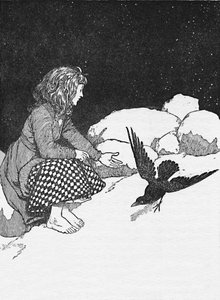 Nagle przed nią wskoczył duży kruk, ok. 1930 r. autorstwa William Heath Robinson
