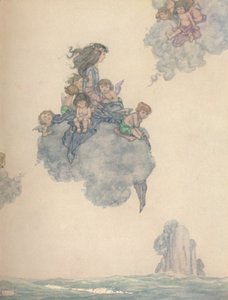 Z resztą jej dzieci powietrza, wzbiły się wysoko nad różową chmurą, ok. 1930 r autorstwa William Heath Robinson