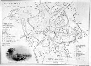 Rzym, Włochy: Mapa porównawcza starożytnych i współczesnych miejsc, c.1850 (grawerowanie) autorstwa W Hughes