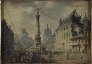 Place du Châtelet, w 1809 roku, w 1809 roku (olej na jedwabiu, szkło) autorstwa W. Lebelle