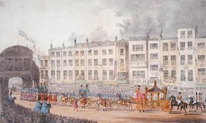 Widok na Temple Bar podczas wizyty królowej Wiktorii w londyńskim City w 1837 r. autorstwa W. R. Browne