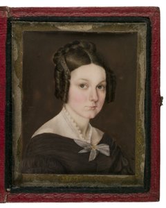 Miniaturowy portret Sally Ann Gage, ok. 1837 (wc na kości słoniowej, skórze, stopie miedzi i szkle) autorstwa W. R. Herve