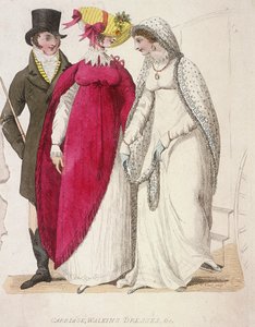 Dwie kobiety w strojach spacerowych w towarzystwie mężczyzny, ok. 1810 r