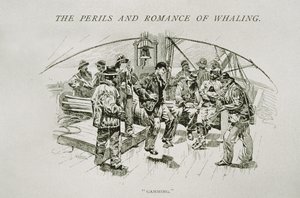 „Gaming” (wielorybniki odpoczywają i tańczą na pokładzie), dla „Niebezpieczeństwa i romansu wielorybnictwa” w Century Magazine, sierpień 1890 (rycina) autorstwa W. Taber