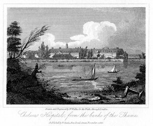 Szpital Chelsea, od Banks of the Thames, Londyn, 1816. autorstwa W. Wallis
