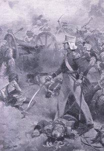 Chilianwala, 13 stycznia 1849: Ciało Pennycuicka strzeżone przez jego syna, ilustracja z brytyjskich bitew na lądzie i morzu, 1915 autorstwa Wal Paget