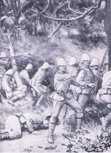 Walka na drodze przez las w drodze do Coomassie, ilustracja z „British Battles on Land and Sea” autorstwa Wal Paget