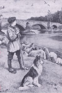 Widok starego rzymskiego mostu w Musselburgh pobudza wyobraźnię Johna Rennie pasterza, z My Magazine, wyd. 1922 (lito) autorstwa Wal Paget