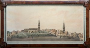 Panoramiczny widok na miasto Coventry (toaleta z piórem i atramentem na papierze)