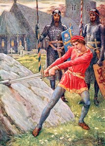 Artur wyciąga miecz z kamienia (kolorowa litografia) autorstwa Walter (after) Crane