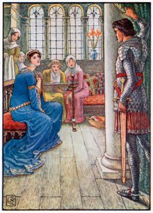 Sir Owen wita damę z fontanny (kolorowa litografia) autorstwa Walter (after) Crane