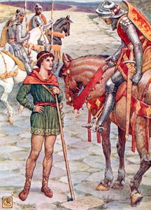 Młody Perceval zadaje pytania Sir Owenowi (kolorowa litografia) autorstwa Walter (after) Crane