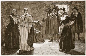 Czarodziejki, wydarzenie z czasów purytańskich, ilustracja z książki „Kościół anglikański: historia ludu” autorstwa H.D.M. Spence-Jones, wyd. ok. 1910 (lito) (zdjęcie w sepii) autorstwa Walter (after) MacEwan