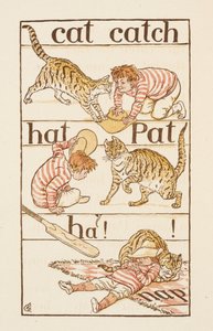 Chłopiec bawiący się z kotem. Ilustracja w „The Golden Primer”. autorstwa Walter Crane