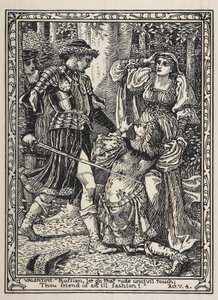 Kadr z filmu „Dwóch panów z Werony”. Kiedy Silvia krzyczy, Valentine ze złością wyskakuje z krzaków i przeklina Proteusa za jego zdradę autorstwa Walter Crane